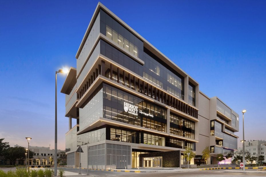 Heriot-Watt University Dubai campus building at dusk